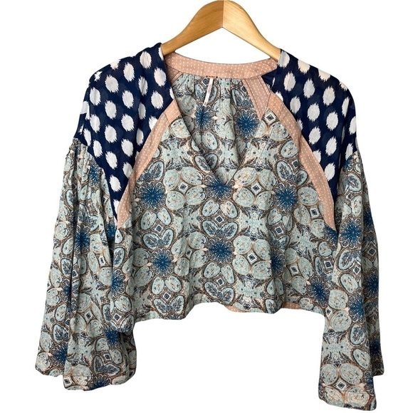 Free People Tops - Free People Cropped V Neck Blouse Top Mixed Media Polka Dot Size XS Flare Sleeve